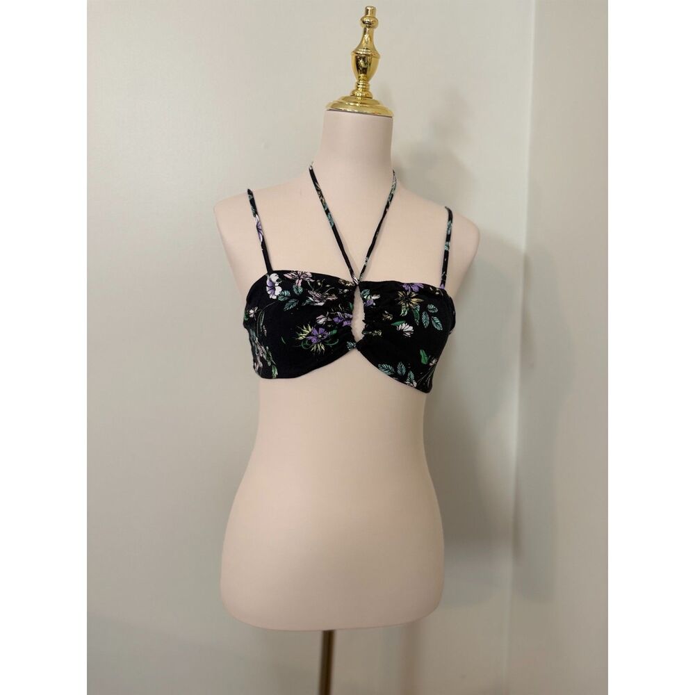 AFRM Luka Bra Top M Spring Noir Bouquet Floral Halter Ruched Crop Top
